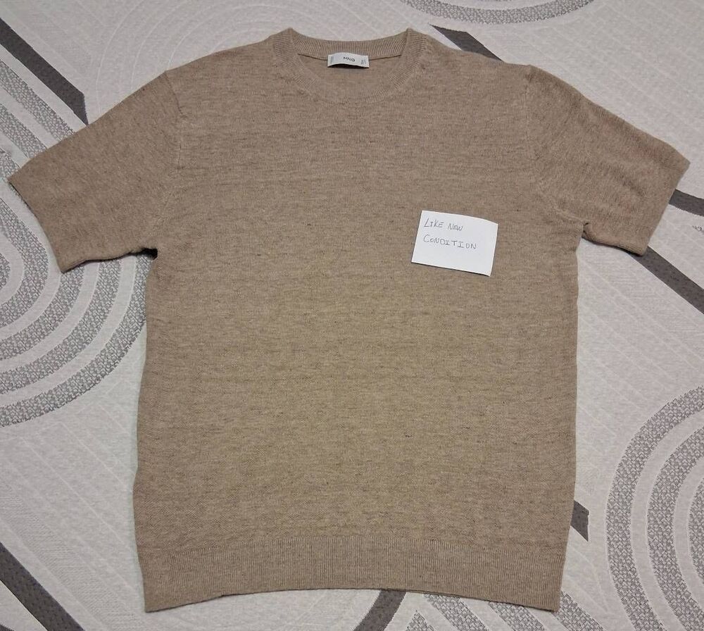 Mng womens medium cotton knit sweater tan beige shortsleeve crewneck